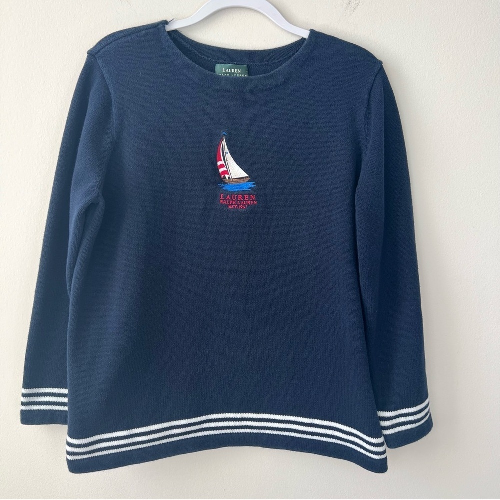 Vintage Lauren Ralph Lauren Embroidered Boat Coastal Nautical Navy Sweater